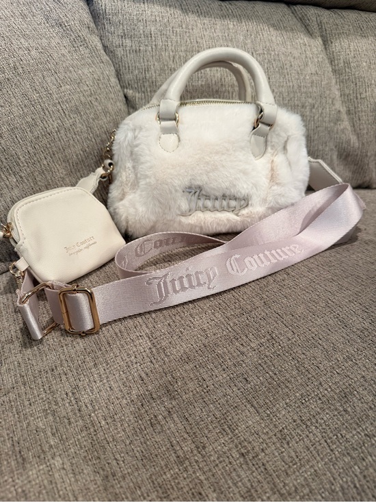 Juicy Couture Handbags - Juicy Couture Ivory Faux Fur Mini Satchel with Logo Strap & Mini Pouch
